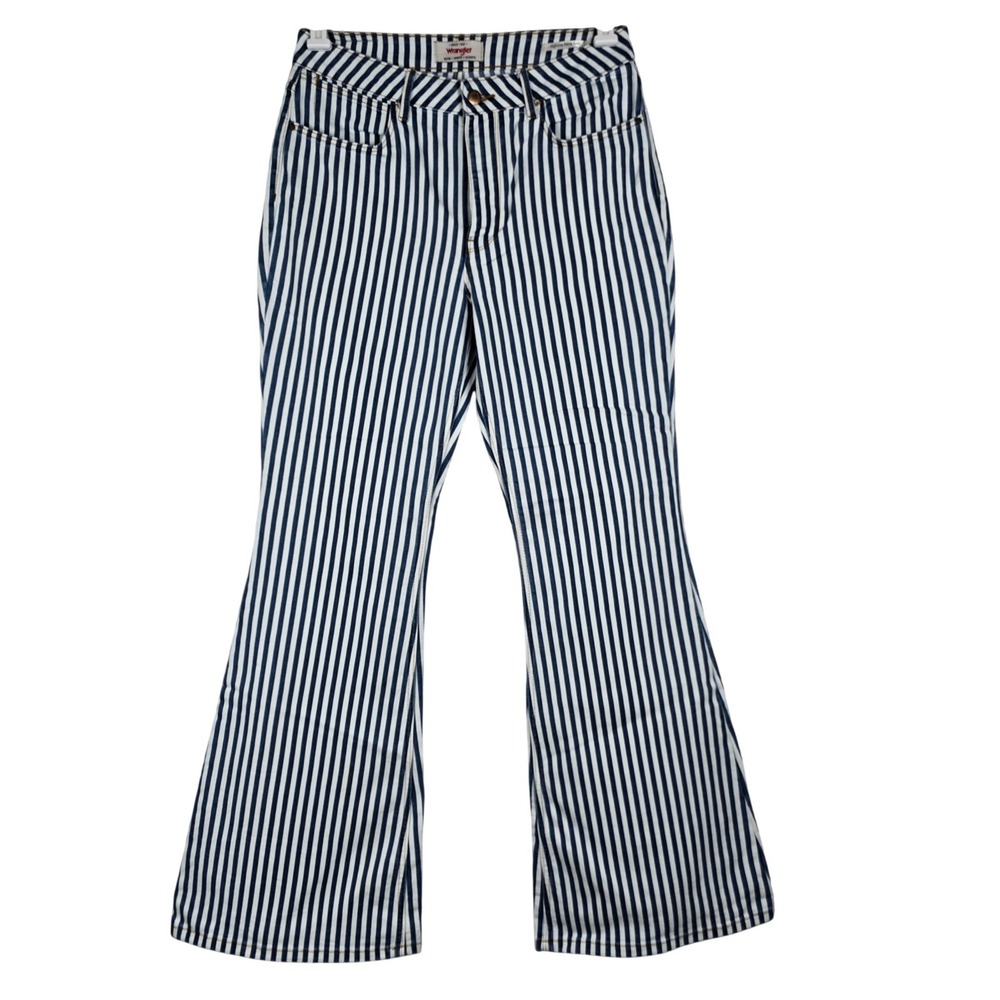 Wrangler High Rise Fierce Flare Jeans Blue White Vertical Stripe 10x32 Retro